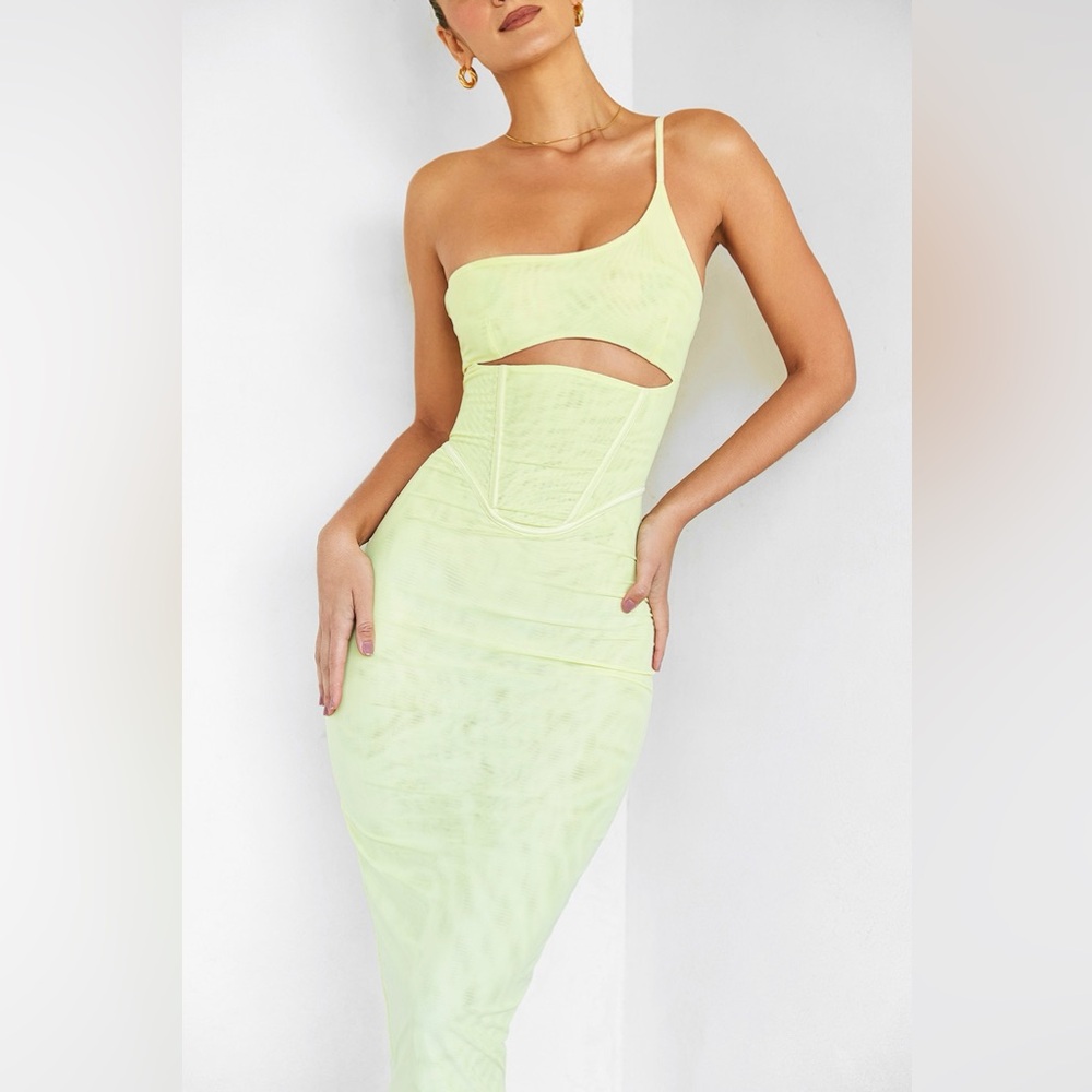 **SOLD** House of CB Mistress Rocks Lemon One Shoulder Corset Midi Dress - Picture 3 of 11